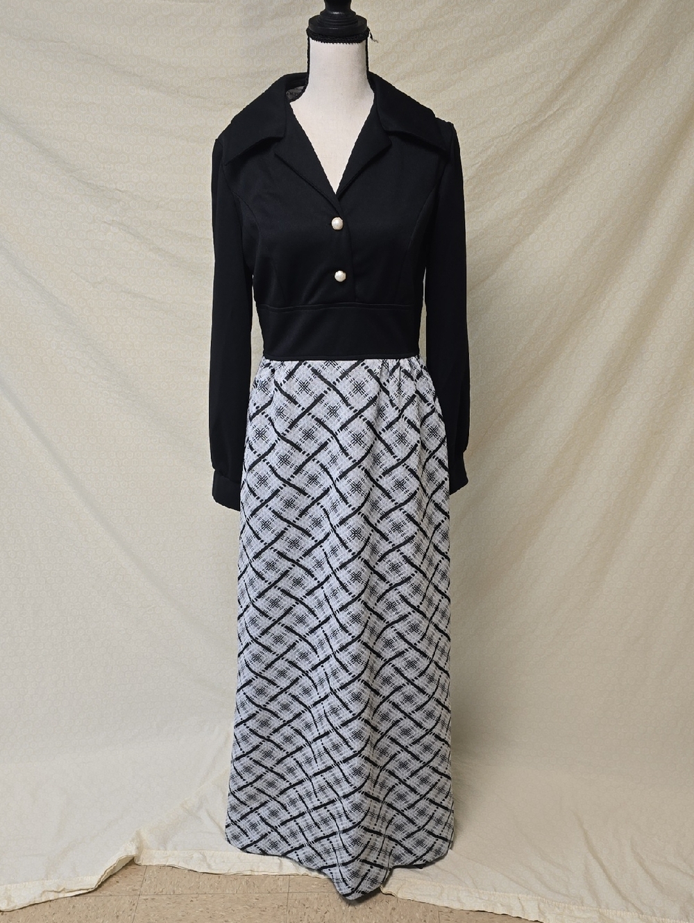Vintage 70's Black & Silver Patterned Maxi Dress with Pearl Buttons